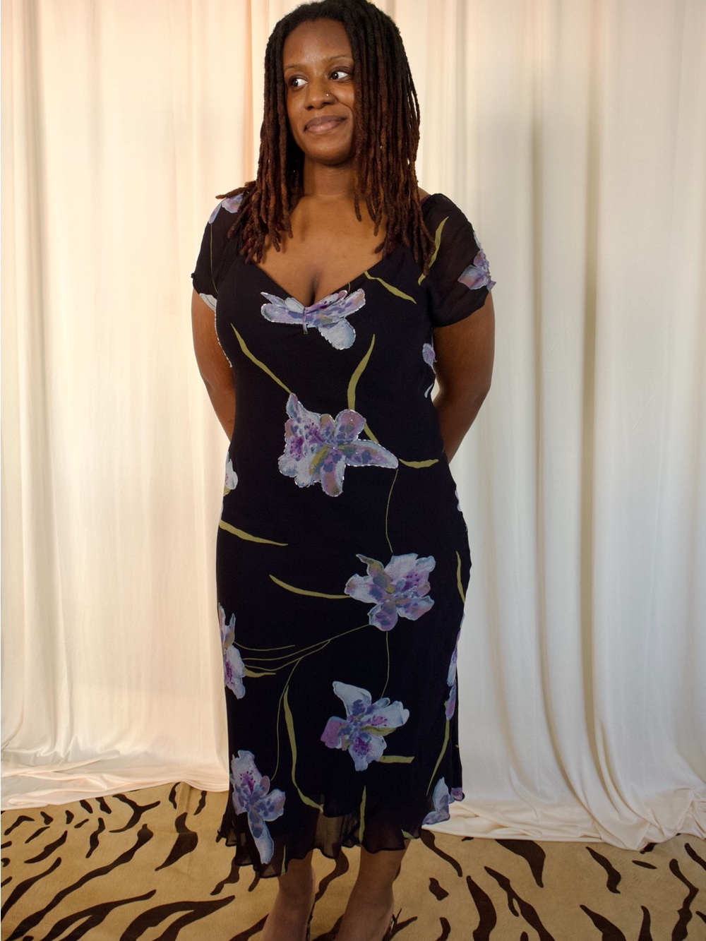 Black beaded V-Neck Midi Dress
